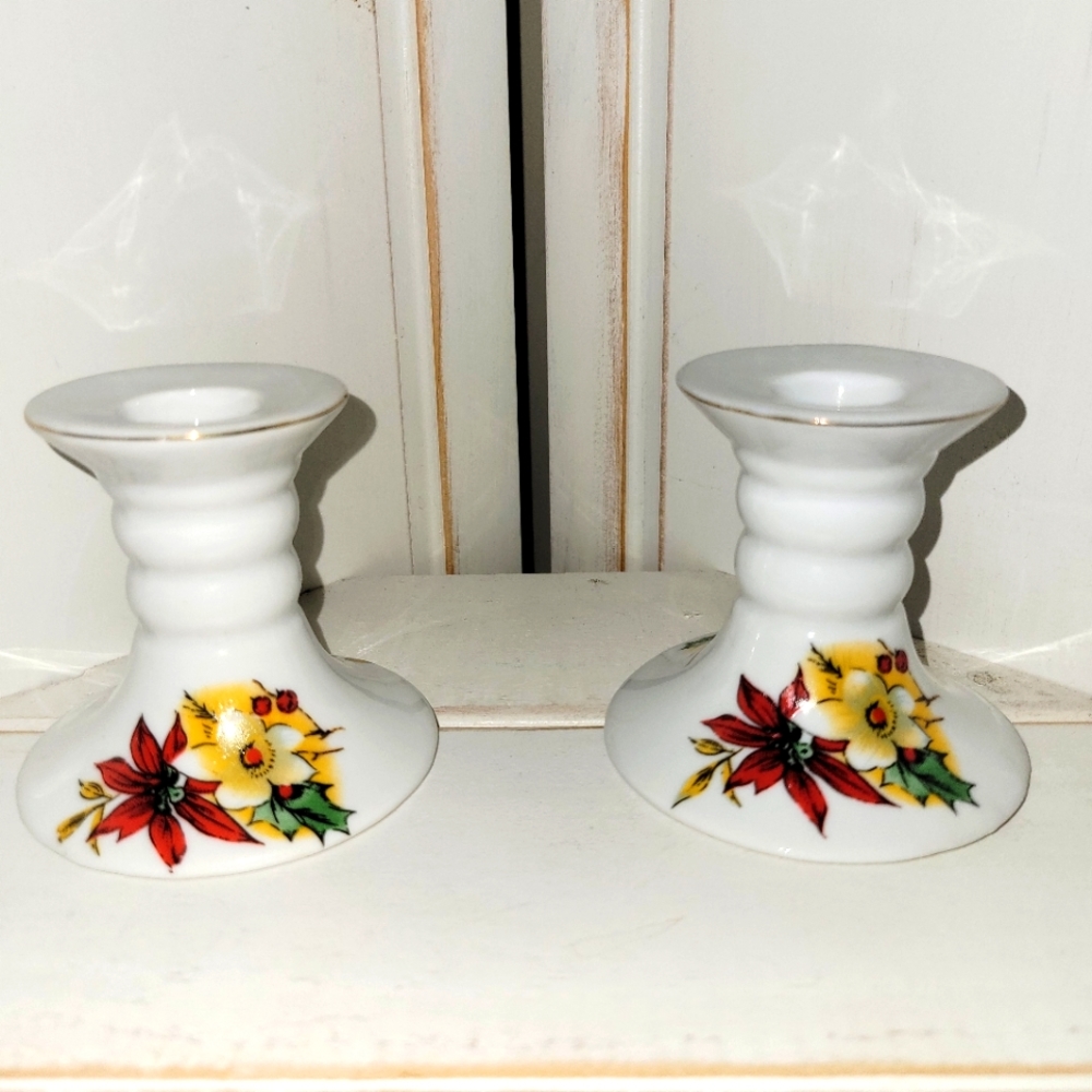 Christmas Poinsettia Porcelain Candlestick Holder set